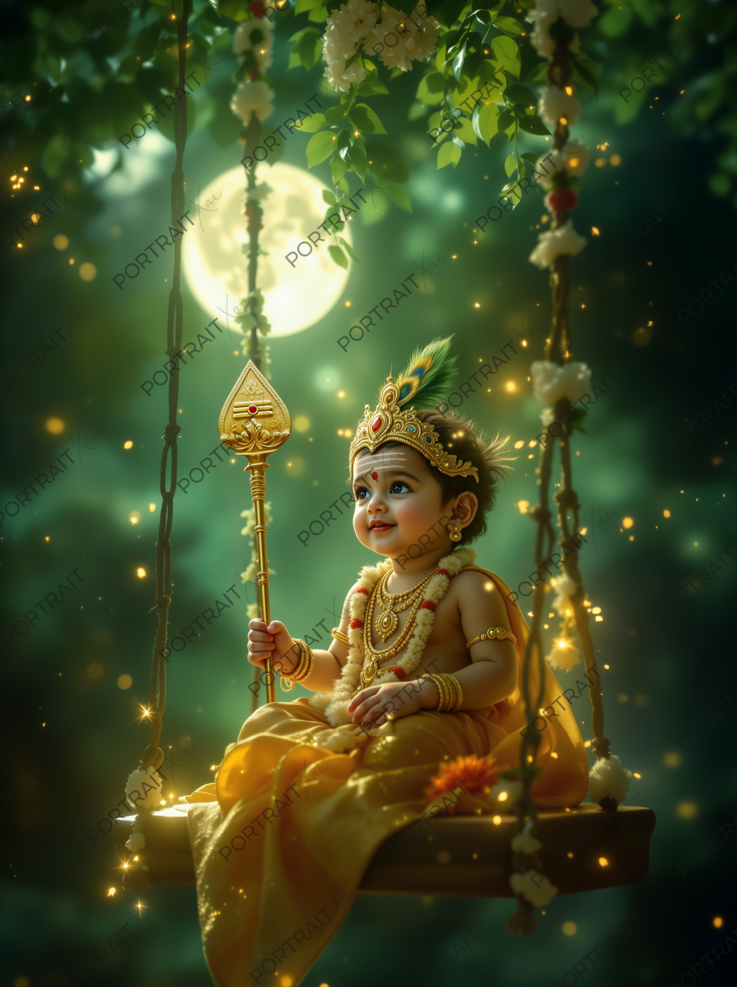 Baby Murugan Swinging on Floral Swing Under Moonlit Forest – Enchanted Night Premium Digital Art Print