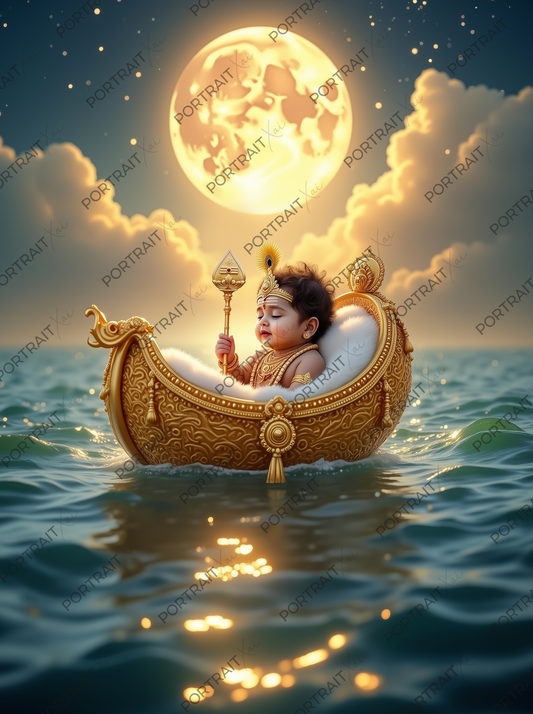 Baby Murugan Drifting on Golden Boat in Moonlit Ocean – Celestial Divine Serenity Premium Digital Art Print