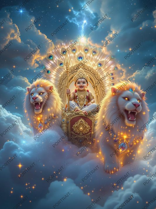 Baby Murugan Seated on Celestial Throne with Twin Divine Lions – Peacock Halo Cosmic Sky Premium Digital Art Print