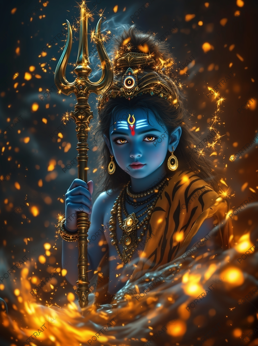 Young Lord Shiva with Golden Trishul Surrounded by Cosmic Fire – Divine Destroyer Premium Digital Art Print