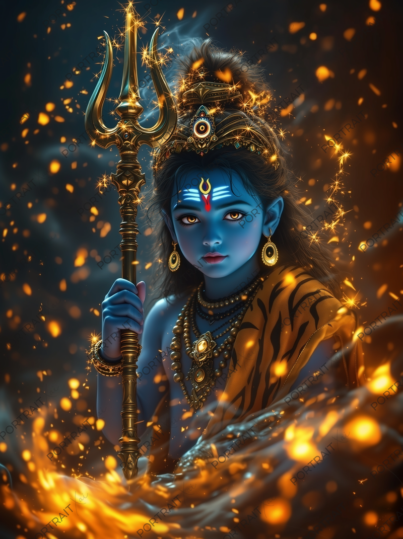 Young Lord Shiva with Golden Trishul Surrounded by Cosmic Fire – Divine Destroyer Premium Digital Art Print