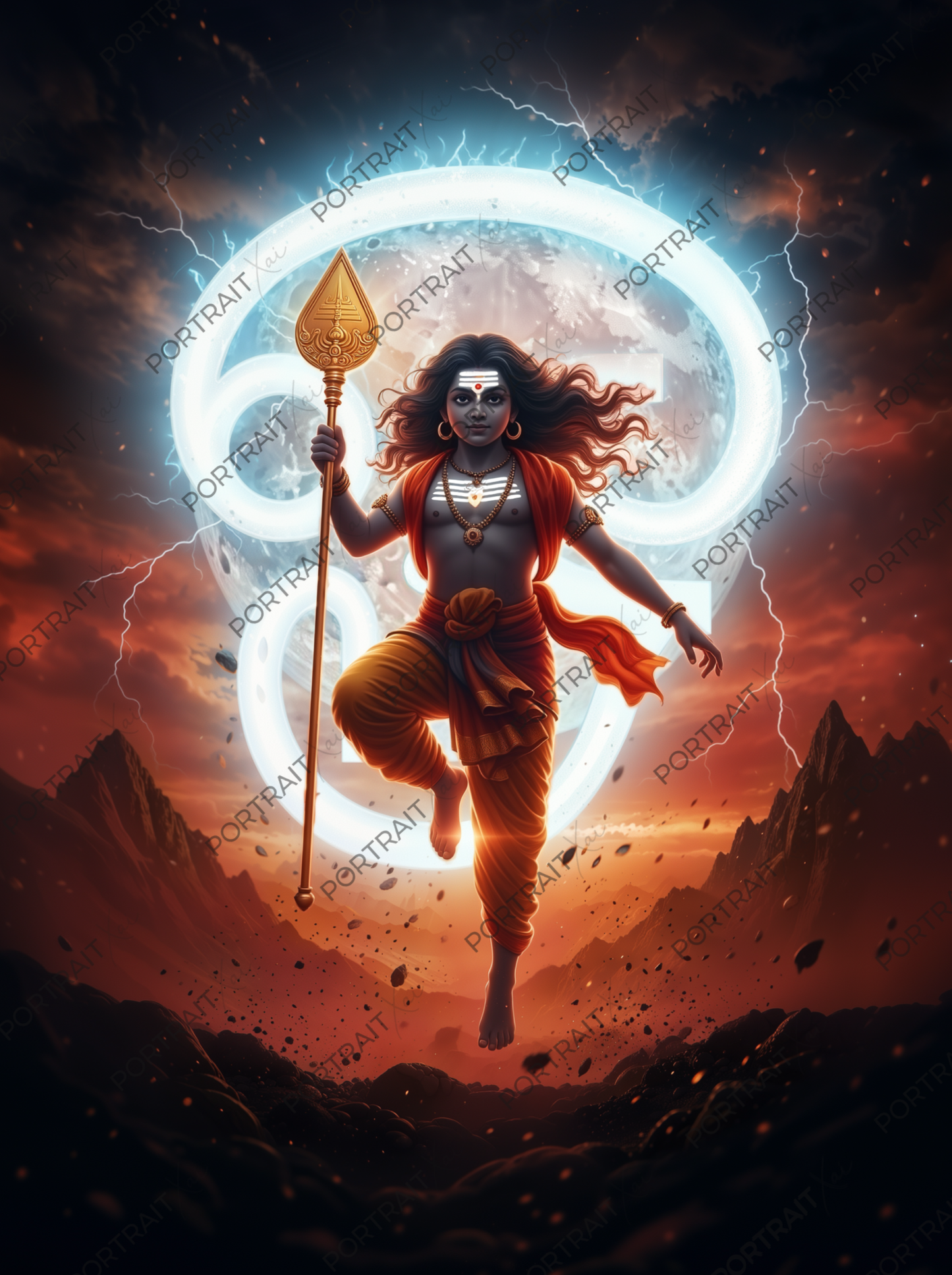 Lord Murugan Rising with Vel Before Om Symbol – Cosmic Lightning Power Premium Digital Art Print