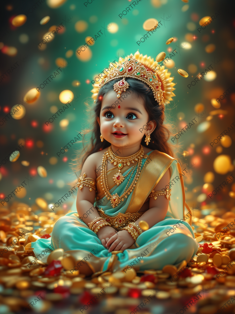 Baby Goddess Lakshmi Showered with Gold Coins & Rubies – Divine Abundance Premium Digital Art Print