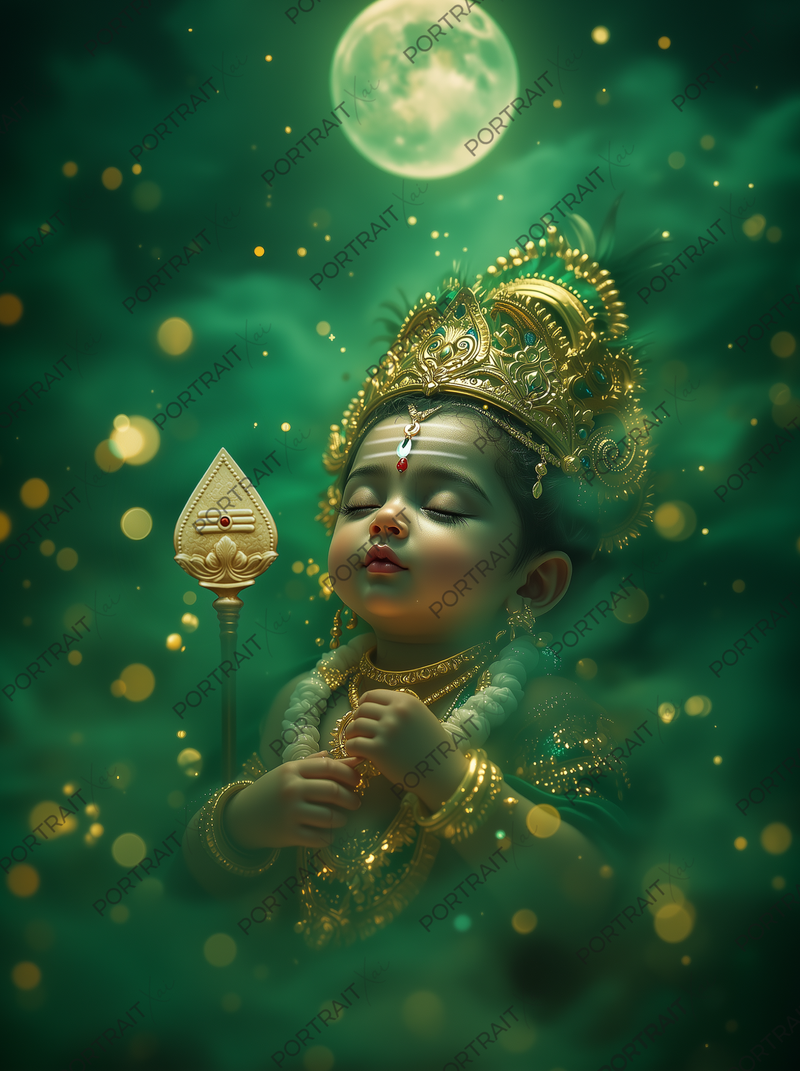 Baby Murugan Sleeping Under Full Moon – Emerald Celestial Night Sky Premium Digital Art Print