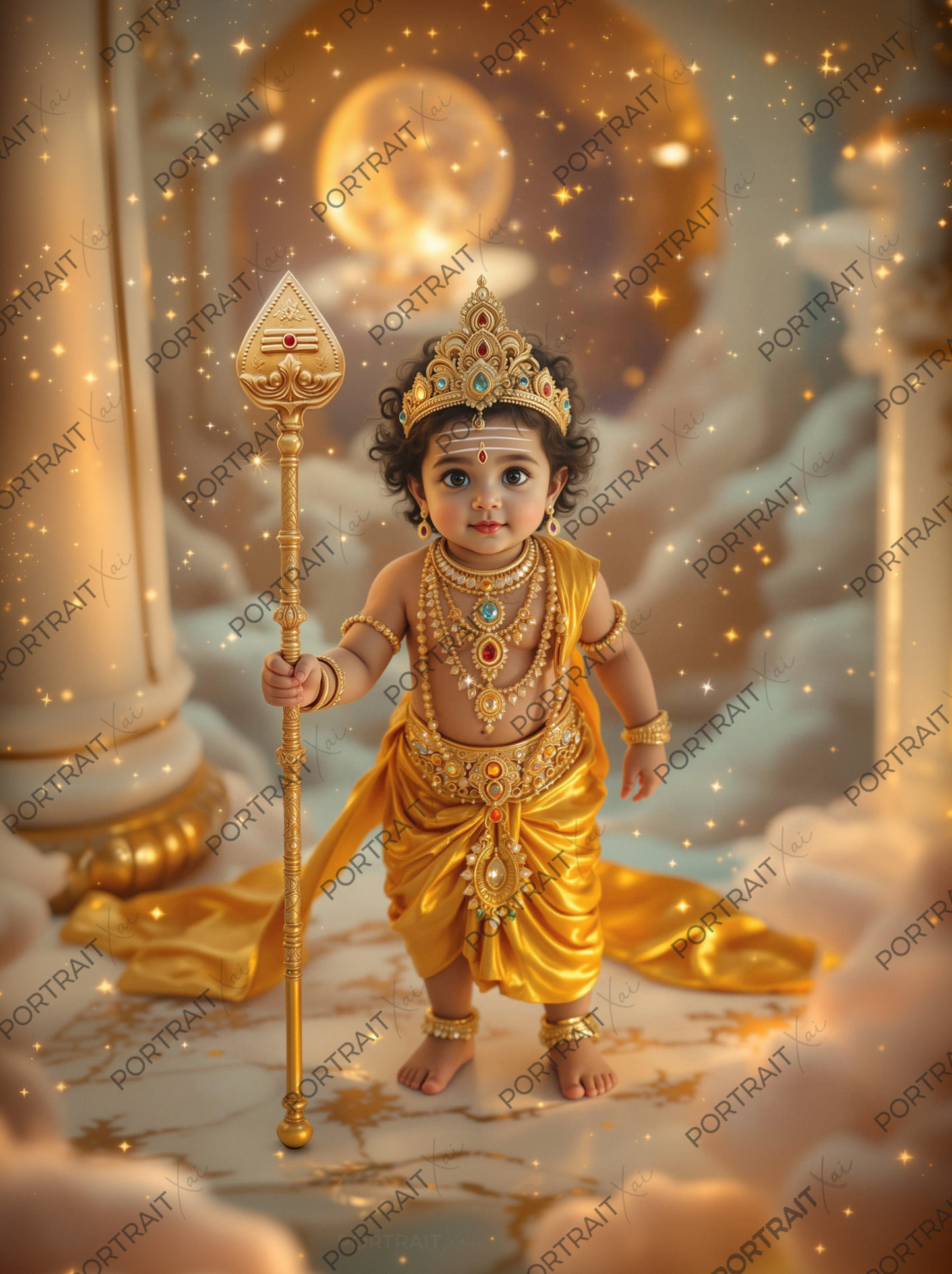 Baby Murugan Standing in Celestial Heaven with Golden Vel – Divine Prince of the Stars Premium Digital Art Print