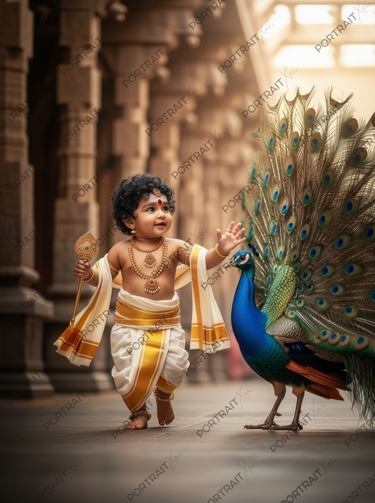 Baby Murugan Playing with Peacock in Temple Corridor – Joyful Divine Friendship Premium Digital Art Print