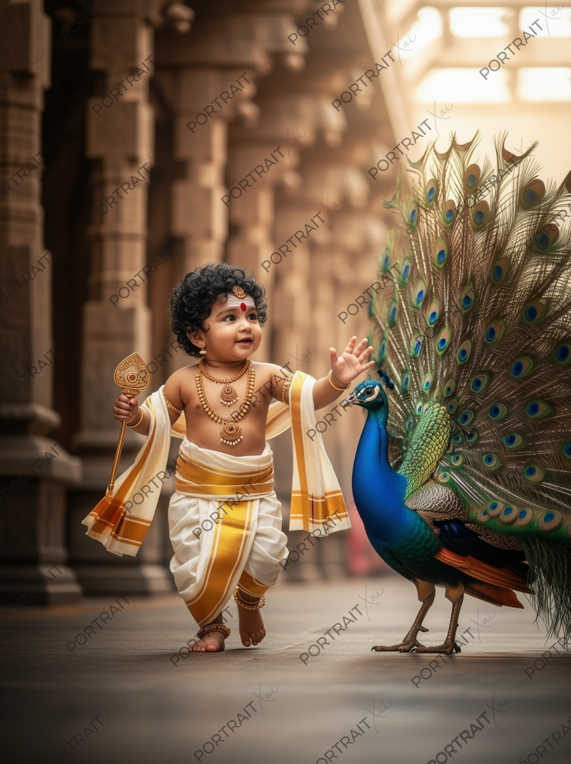 Baby Murugan Playing with Peacock in Temple Corridor – Joyful Divine Friendship Premium Digital Art Print