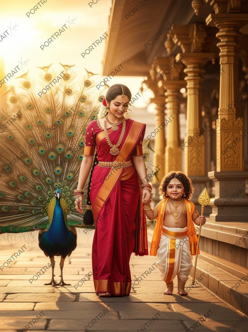 Mother Walking Baby Murugan with Peacock Along Golden Temple Corridor – Divine Bond Premium Digital Art Print