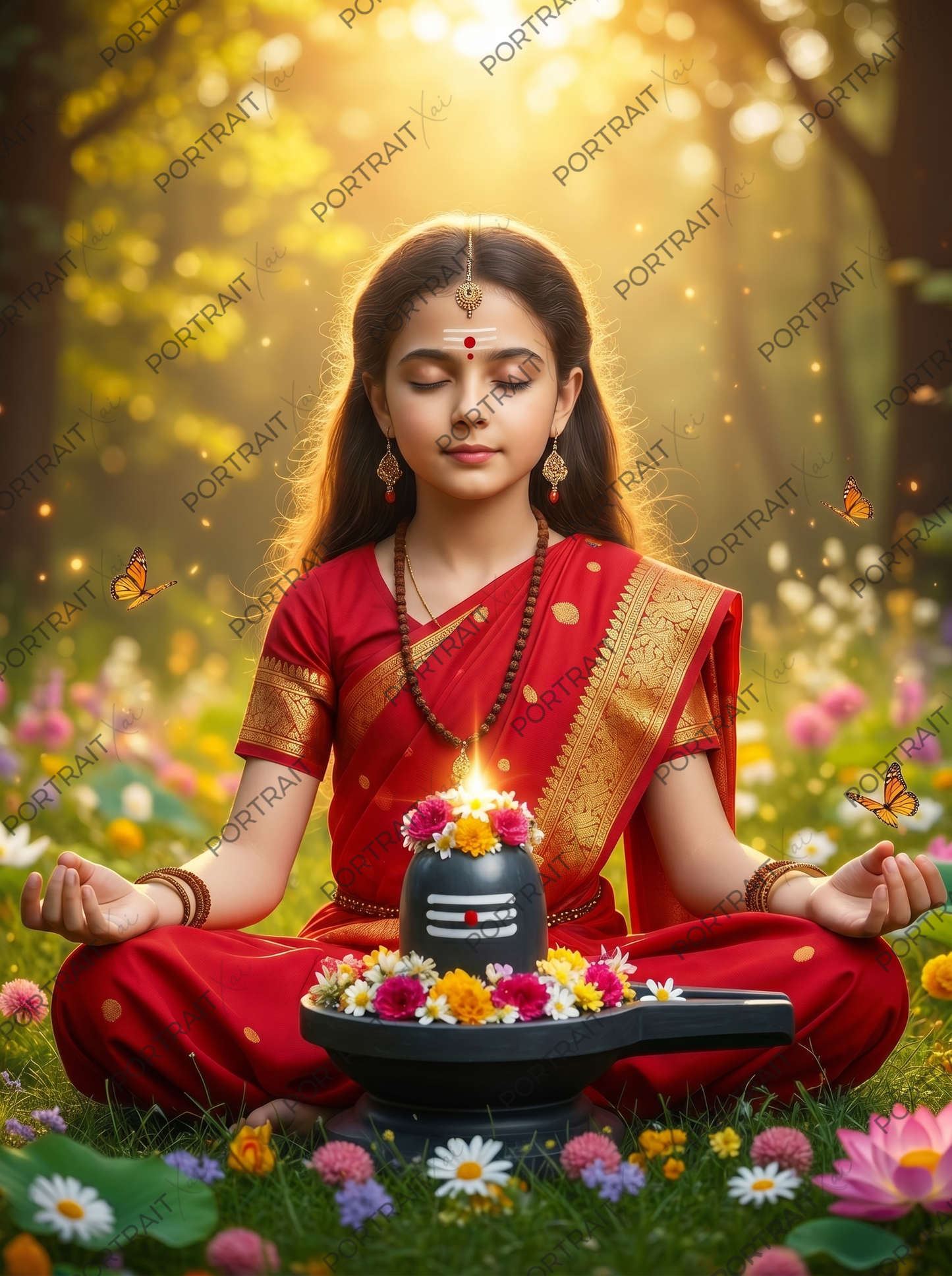 Young Girl Meditating Before Shiva Lingam in Flower Garden – Butterfly Forest Spiritual Premium Digital Art Print