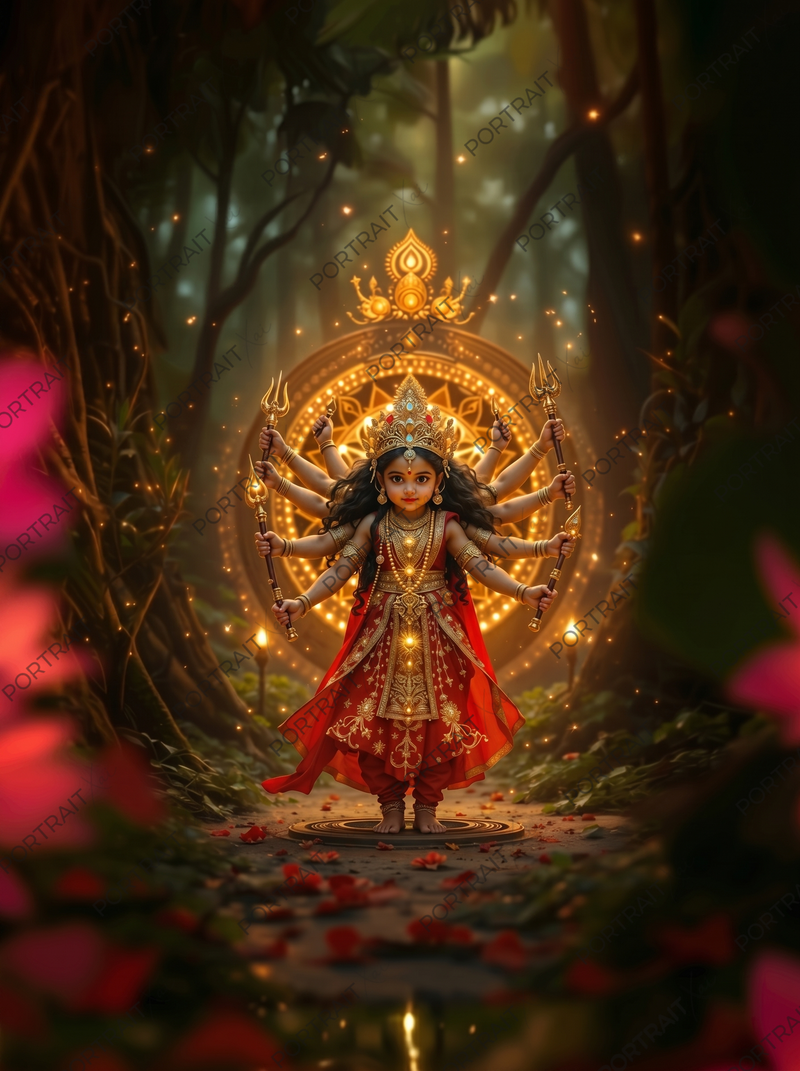 aby Goddess Durga with Eight Arms in Enchanted Forest – Divine Shakti Power Premium Digital Art Print