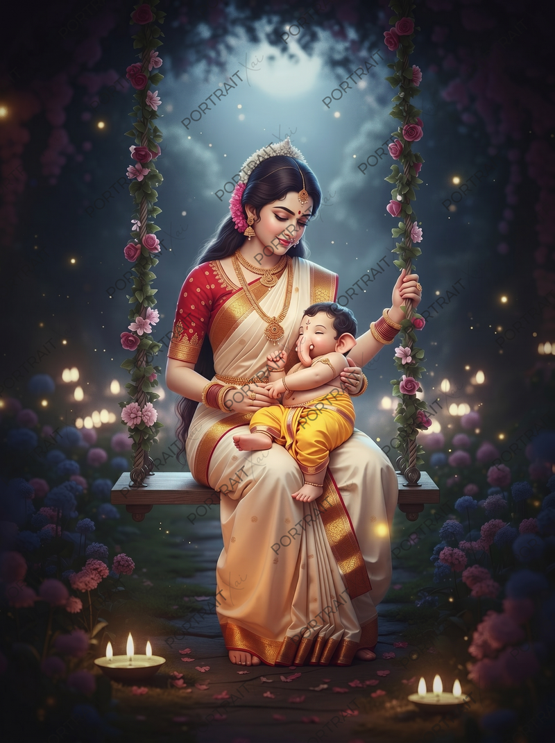 Parvati Cradling Sleeping Baby Ganesha on Floral Swing – Enchanted Moonlit Night Premium Digital Art Print