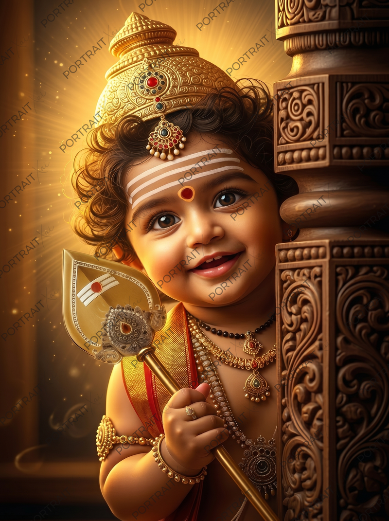 Cute Baby Murugan Peeking Behind Temple Pillar – Playful Divine Smile Premium Digital Art Print