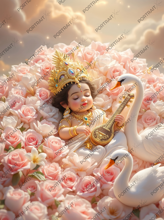 Baby Saraswati Sleeping on Pink Roses with Veena & Swans – Divine Wisdom Art Premium Digital Print