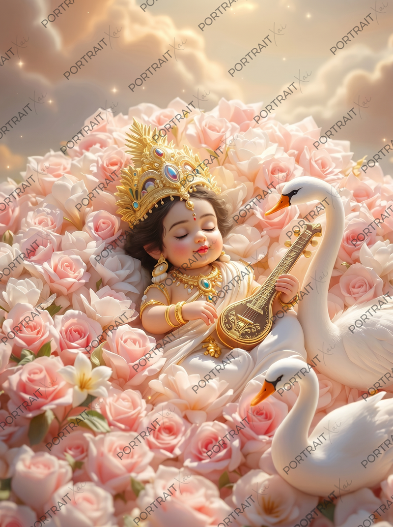 Baby Saraswati Sleeping on Pink Roses with Veena & Swans – Divine Wisdom Art Premium Digital Print