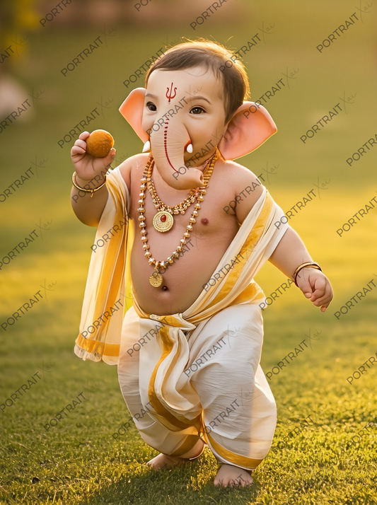 Cute Baby Ganesha Walking with Modak – Playful Divine Joy Premium Digital Art Print