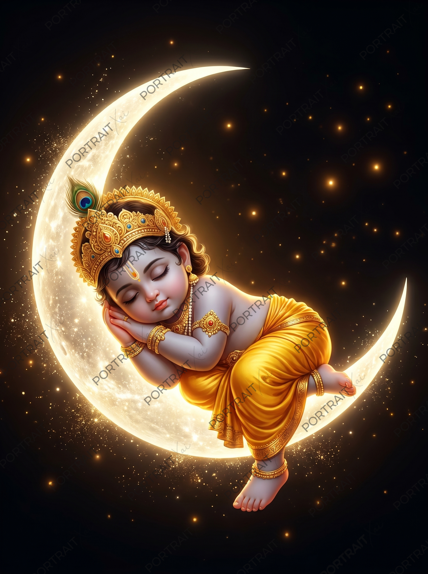 Baby Krishna Sleeping on Glowing Crescent Moon – Celestial Night Sky Premium Digital Art Print