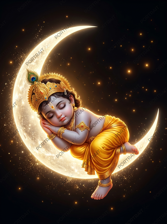 Baby Krishna Sleeping on Glowing Crescent Moon – Celestial Night Sky Premium Digital Art Print