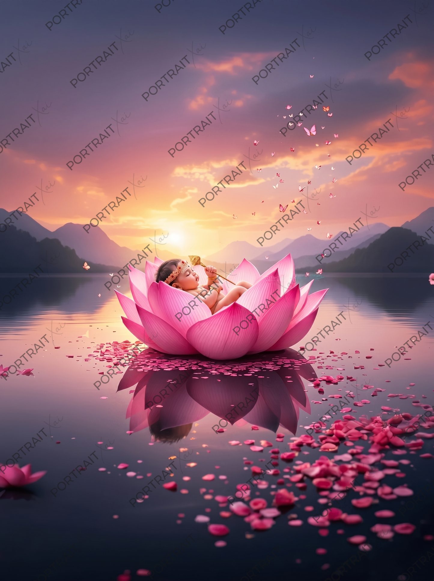 Baby Lakshmi Sleeping on Lotus – Sunset Lake Divine Art Premium Digital Print