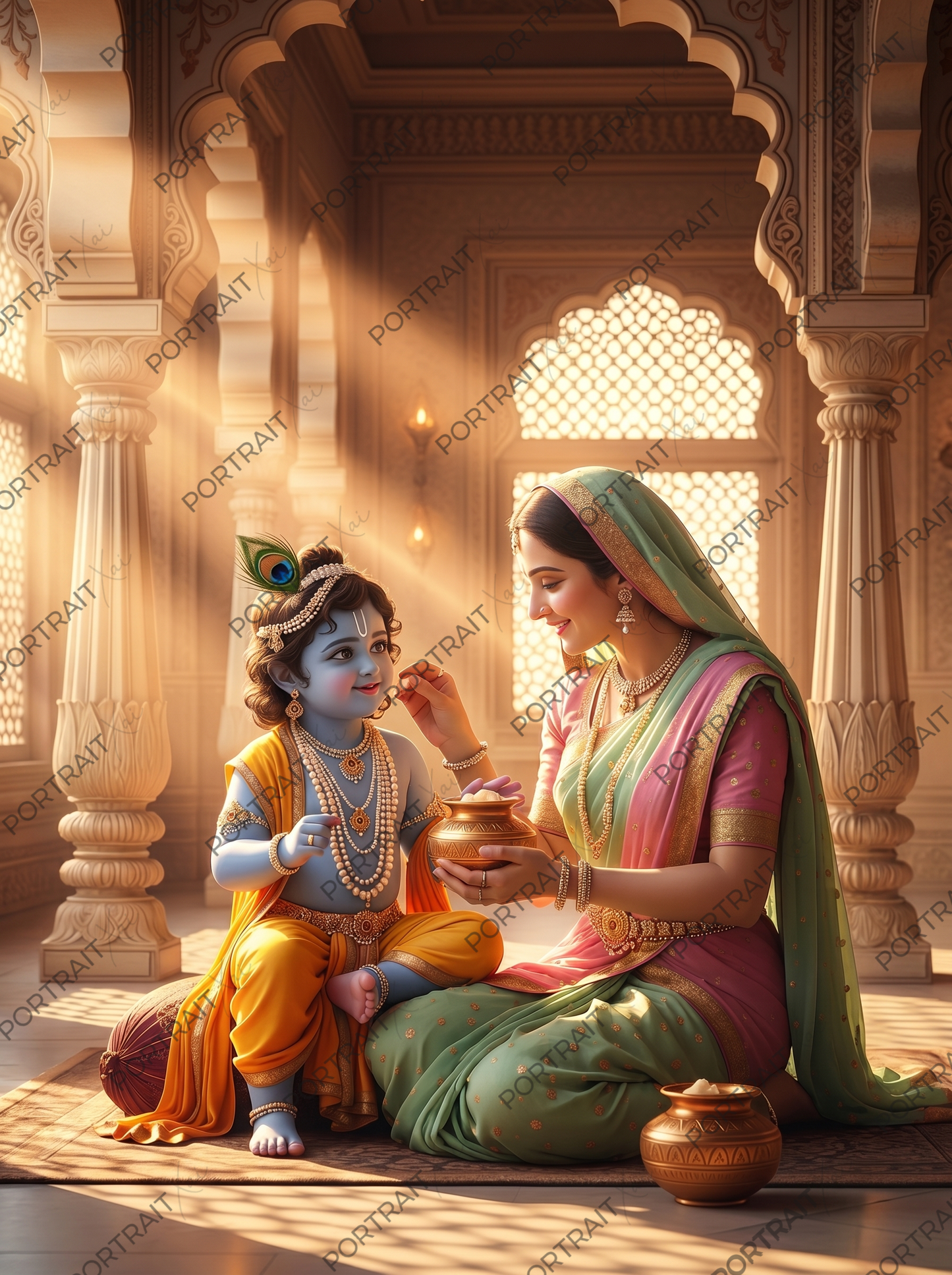 Yashoda & Baby Krishna – Divine Mother's Love Premium Digital Art Print