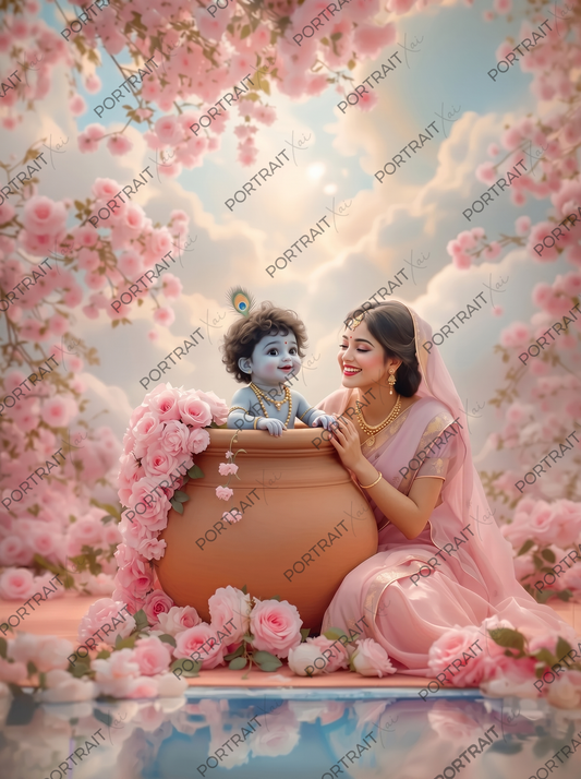 Yashoda & Baby Krishna in Rose-Adorned Matki – Pink Blossom Garden Premium Digital Art Print