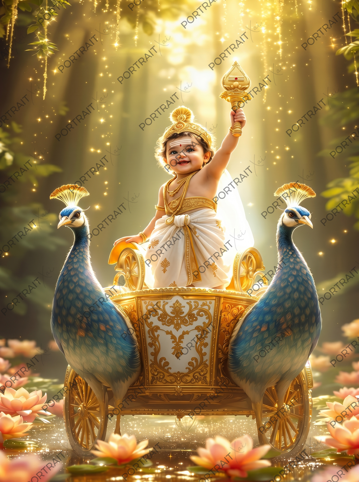 Baby Murugan Riding Twin Peacock Golden Chariot Through Enchanted Forest – Victory Celebration Premium Digital Art Print